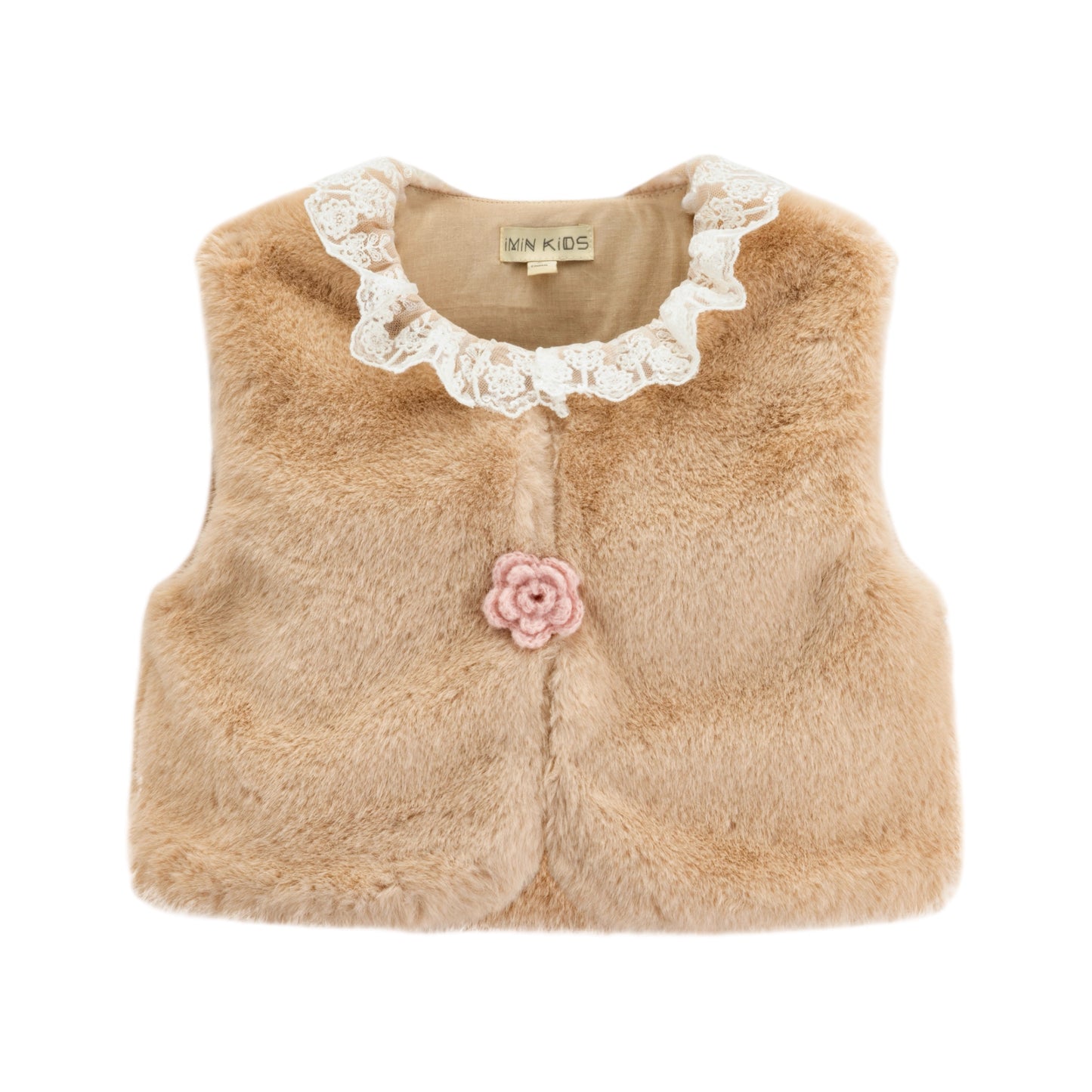 iMiN Kids Faux Fur Vest with Lace Collar Almond