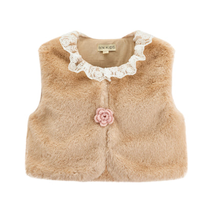 iMiN Kids Faux Fur Vest with Lace Collar Almond