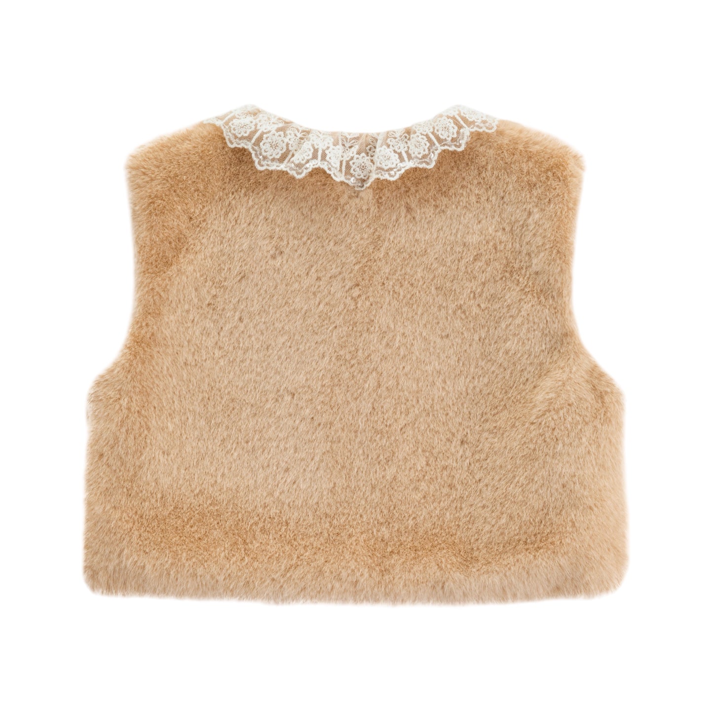 Girl's Faux Fur Vest with Lace Collar Almond