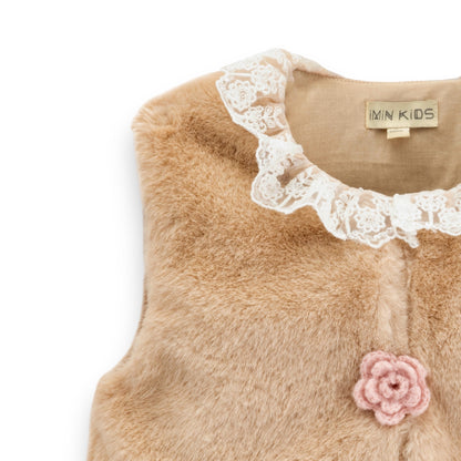 iMiN Kids Faux Fur Vest with Lace Collar Almond