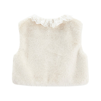 Girl's Spring Outfits Faux Fur Vest with Lace Collar Snow