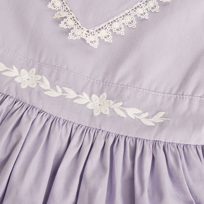 Girls Elegant Floral Embroidery Lace Dress Purple
