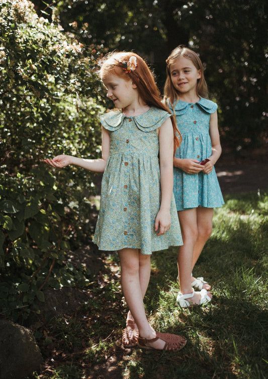 iMiN Kids Girls Double Peter Pan Collar Cotton Summer Dress Green Hydrangea