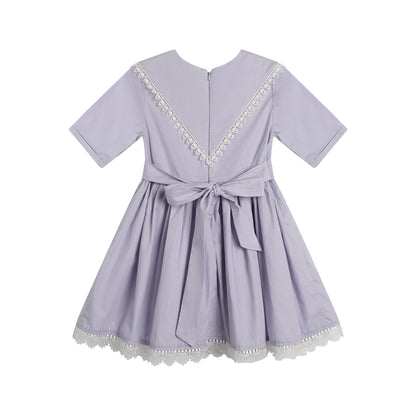 Girls Elegant Floral Embroidery Lace Dress Purple