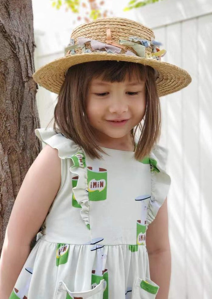 iMiN Kids Girls Frill Fun Prints Dress Green Llama